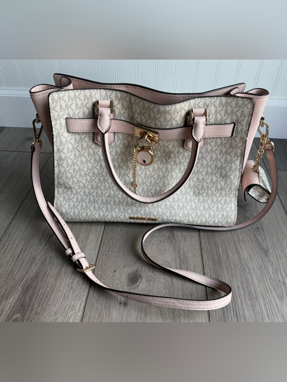 Michael Kors Blush Pink and Cream Signature Tote with Gold Hardware